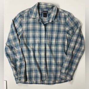 Vtg Patagonia Button Down Shirt Long Sleeve Plaid Blue White Cotton Women S